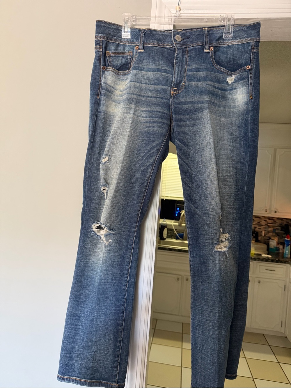 American Eagle Outfitters Distressed Blue Straight-Leg Jeans